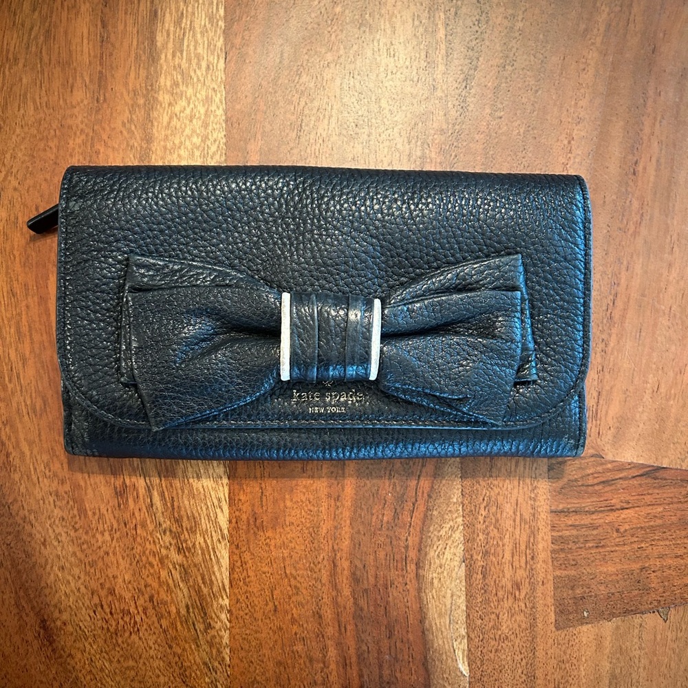 Kate Spade Black Textured Leather Wallet with Bow